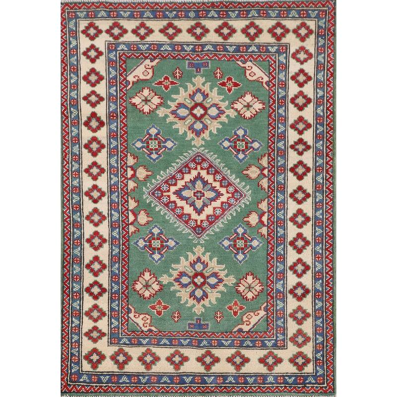 Green Geometric Kazak Foyer Rug Hand-Knotted Wool Carpet - 3'3" x 4'10"