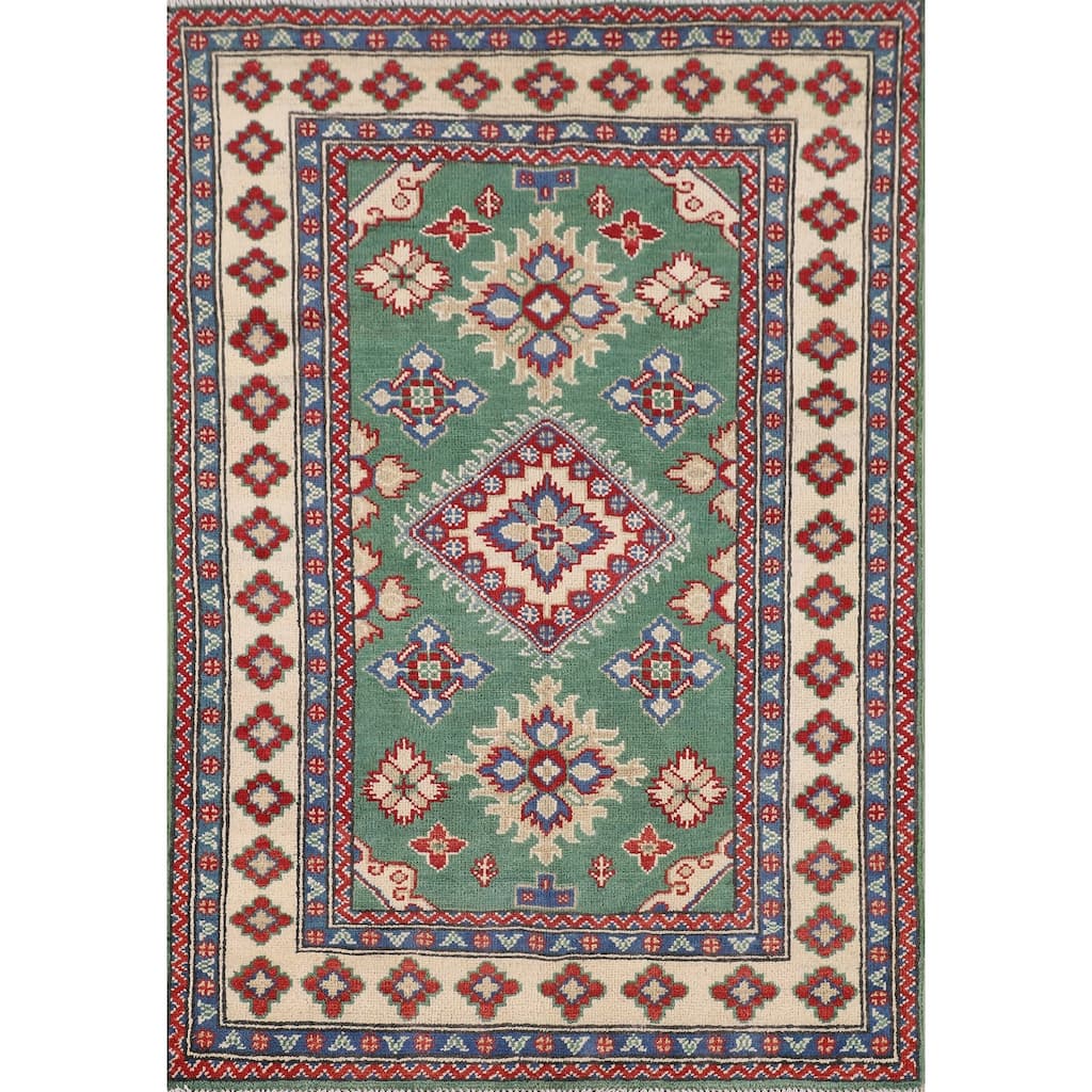 Green Geometric Kazak Foyer Rug Hand-Knotted Wool Carpet - 3'3" x 4'10"