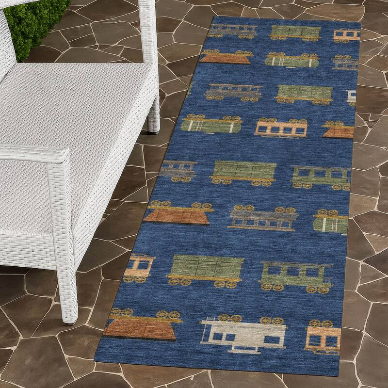 Machine Washable Indoor/ Outdoor Modern Train Chantille Rug - Navy - 2'3" x 7'6"
