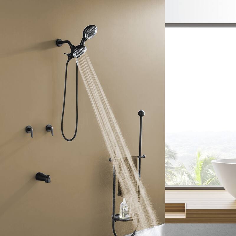 Modland 2-Handle Tub and Shower Faucet Set Dual Head 5-Setting Brass Valve Kit with Lift-Rod Spout - Matte Black