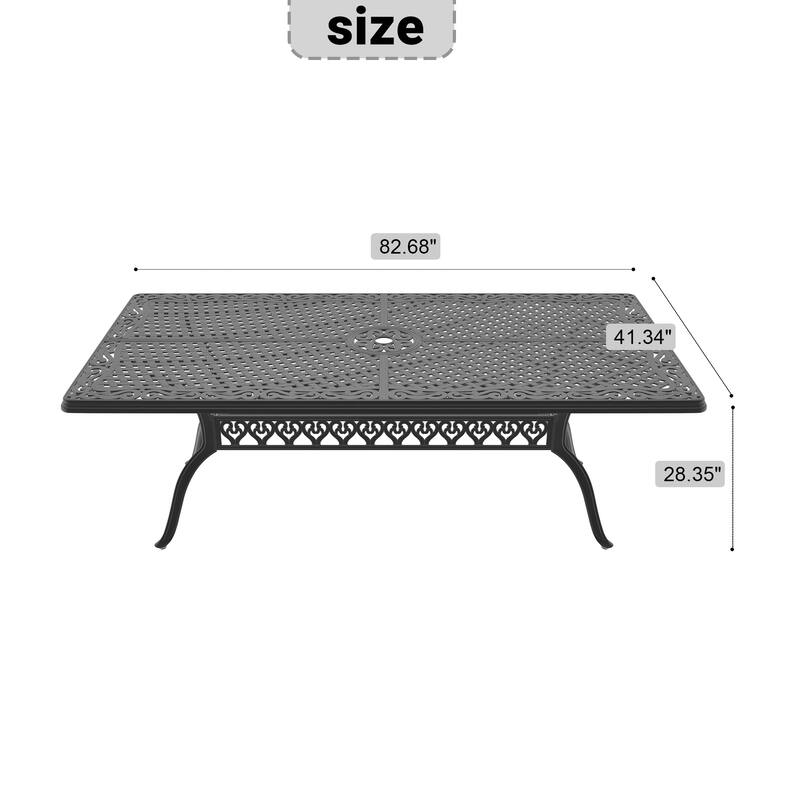 L82.68*W41.34-inch Cast Aluminum Patio Dining table with Black Frame and Umbrella Hole