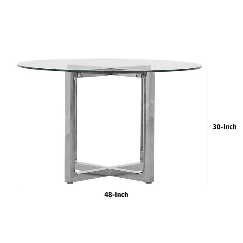Eun 48 Inch Round Dining Table with Clear Glass Top, Cross Base, Chrome