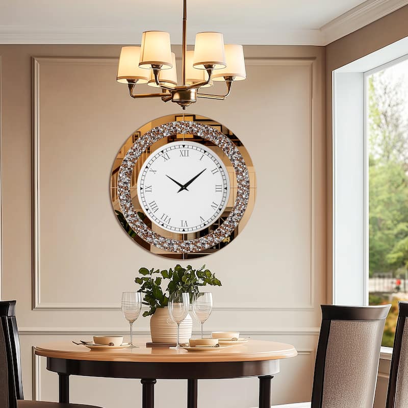 Contemporary Round Glass Wall Clock Crystal Diamond Inlay - 32 inches - Tawny