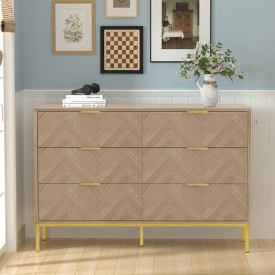 Anmytek Mid-Century 6 Drawer Dresser Herringbone Chest of Drawers Bedroom Dressers Organizer 47 in W x16 in D