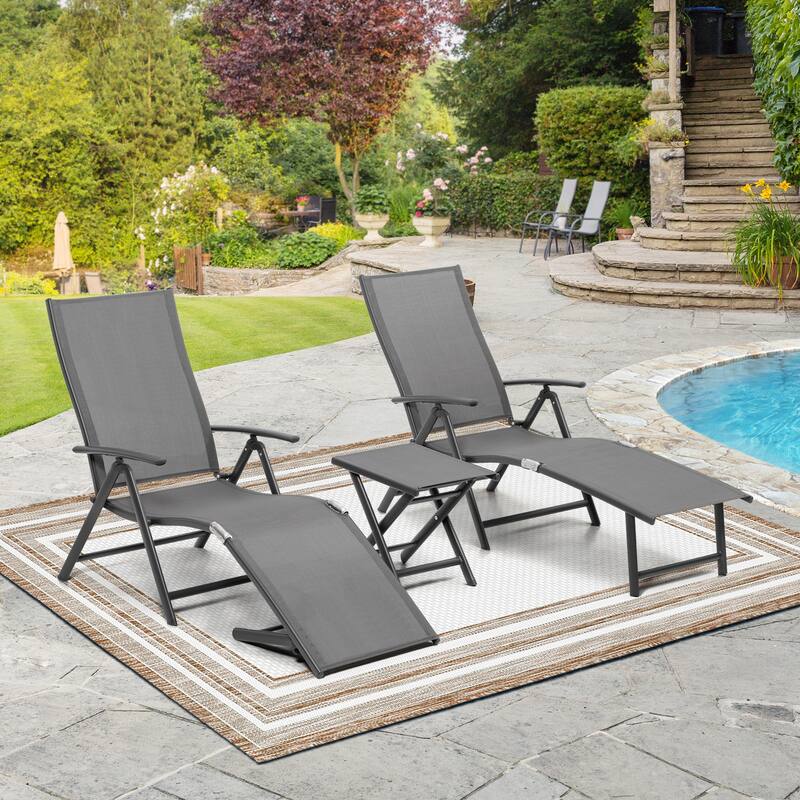 VredHom Outdoor Portable Folding Chaise Lounge Chair with Table (Set of 3) - 70" L x 20" W x 14" H