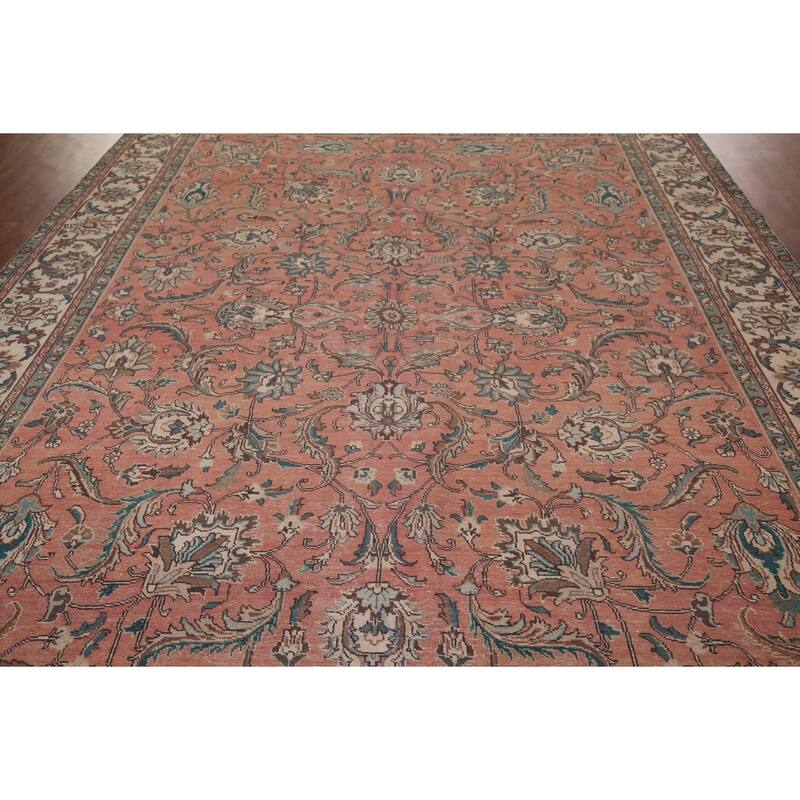 Pink Tabriz Persian Vintage Rug Hand-Knotted Oriental Wool Carpet - 9'9"x 12'10"