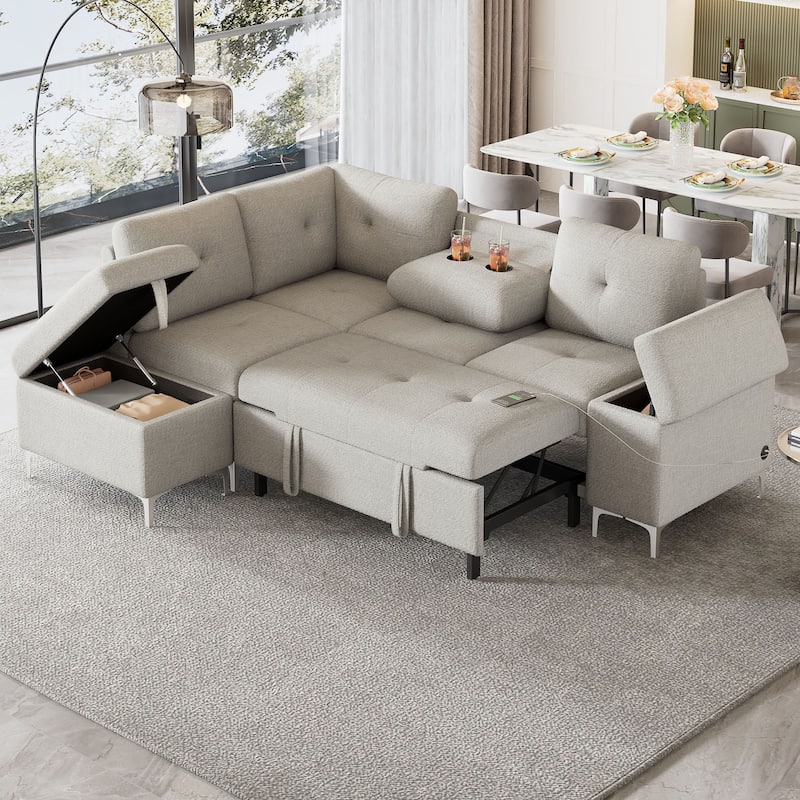Innovative L-Shaped Convertible Sofa Bed with Ample Storage, USB Ports, and Retractable Backrest - Beige
