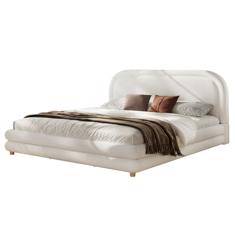 Christopher Knight Home - Camellia Modern Boucle Upholstered Bed Frame with Thick Curved Headboard and Wood Legs