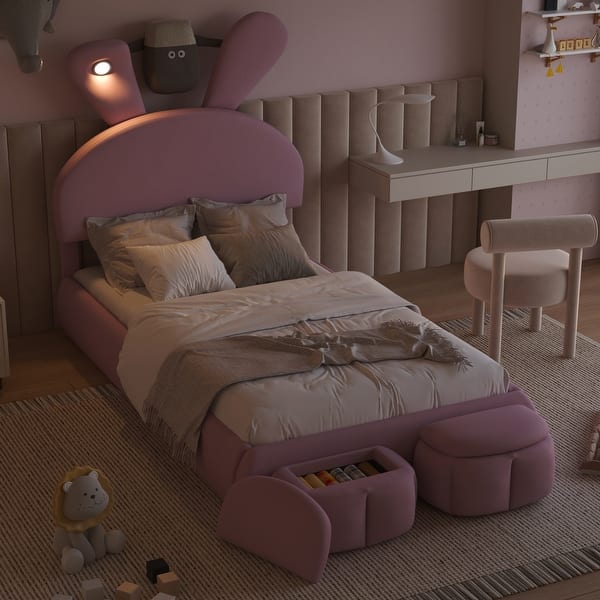 slide 2 of 8, Wooden Twin Size Upholstered Platform Bed Frame with Cartoon Ears Shaped Headboard, Kid's Bed with Light, Pink Pink