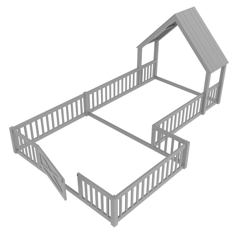 Modern House Floor Bed Frame, Double Floor Beds with Fence and Door