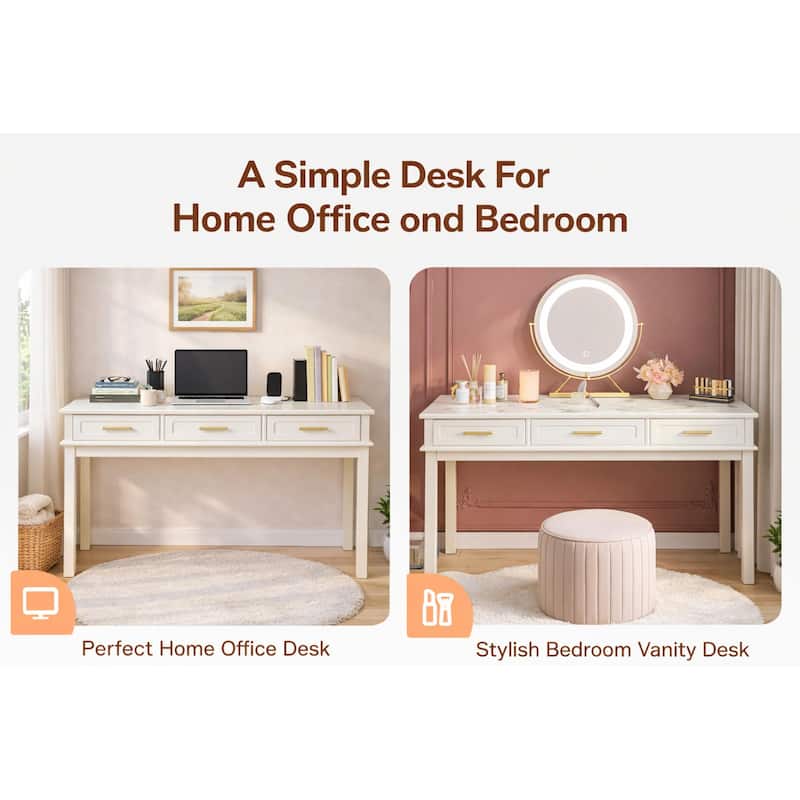 Cream White Vanity Desk with 3 Drawers, Modern Makeup Table or Writing Desk, Multipurpose Dressing Table, No Mirror Included