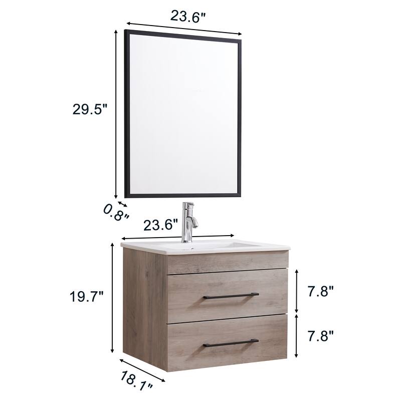 GDFStudio - 24-Inch Wood Grain Wall-Mounted Bathroom Vanity with Double Drawers, Ceramic Sink, and Aluminum Frame