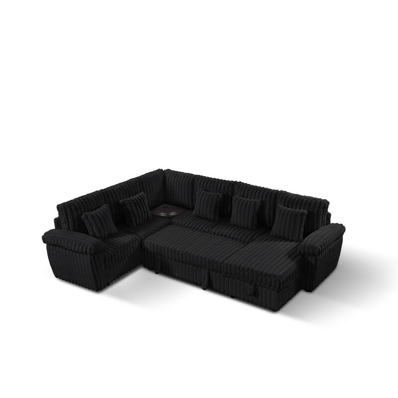 U-Shaped Corduroy Sectional Sofa with Storage Chaise & Pull-Out Bed, Upholstered Corner Sofa with Cup Holder & USB Port