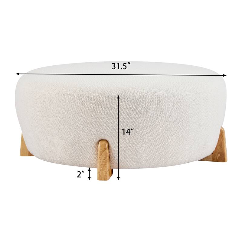Modish White Round Boucle Ottoman with Splayed Rubber Wood Legs