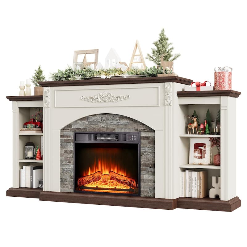 Classic 72 inch Electric Fireplace with Mantel White TV Stand Entertainment Center with Storage