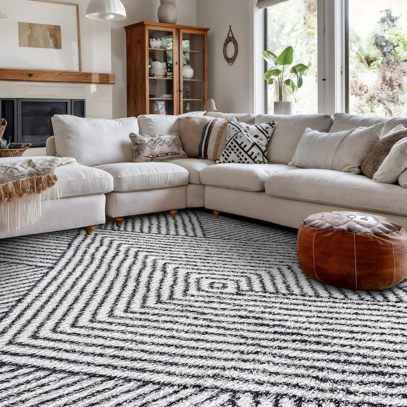 Minimal Stripe Geometric Shag Rug - Anthracite Dark Gray - Medium Pile - Cozy & Modern