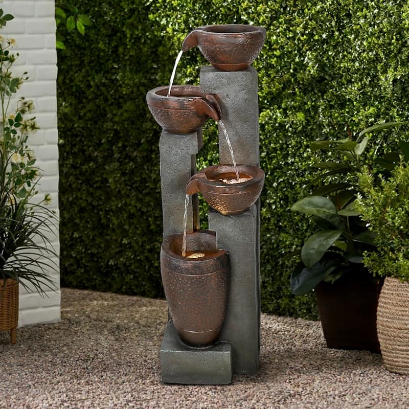 40" H Pots Modern Outdoor Water Fountains with LED Decor for Patio