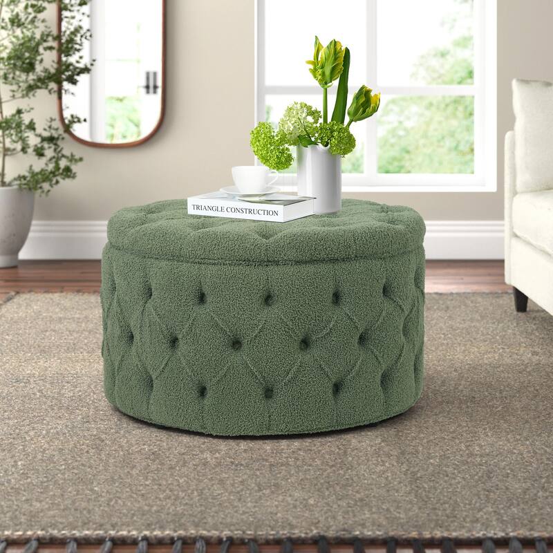 Adeco Round Velvet Storage Ottoman, Button Tufted Footrest Stool