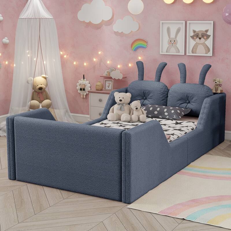 Twin Upholstered Platform Bed with Rabbit Cushion & Removable Rails