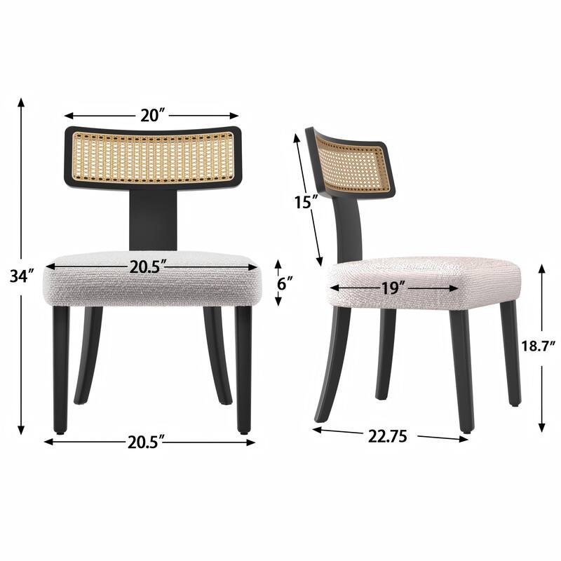 Rattan Dining Chairs Set of 2, Fabric Upholstered Kitchen Side Chairs, Armless Accent Chair with Curved Backrest