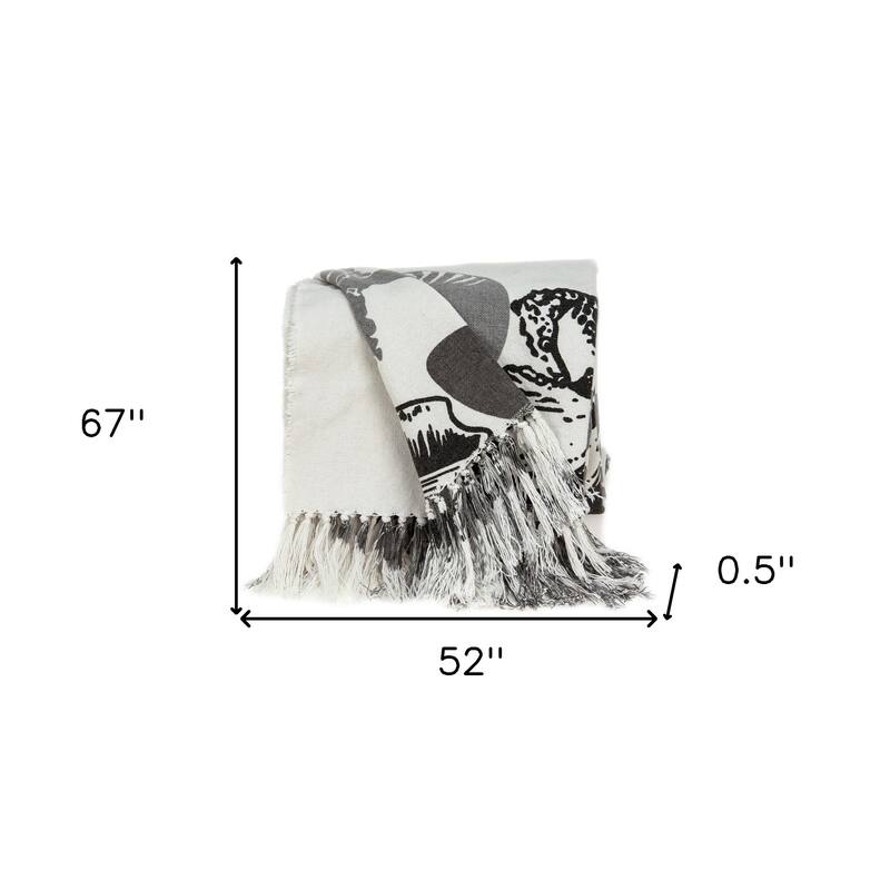 HomeRoots 52" X 67" Ivory and Gray Woven Cotton Coastal Seashell Throw Blanket with Fringe