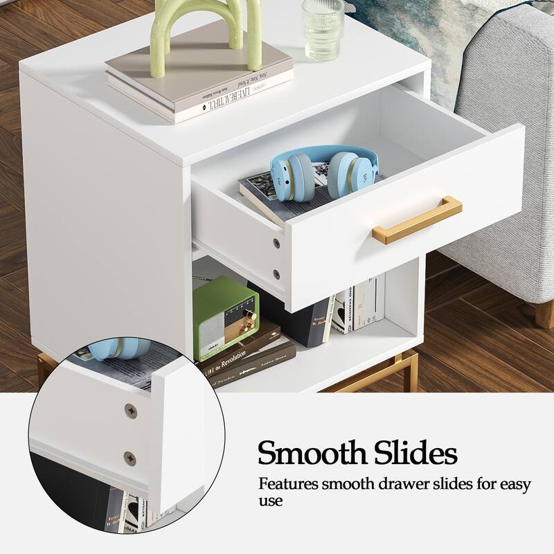 Anmytek Modern 1-Drawer White Nightstand Wood Bedside Table with Open Shelf (Set of 2)