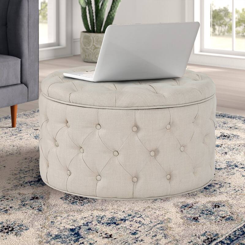 Adeco Round Storage Ottoman Button Tufted Footrest Stool Bench