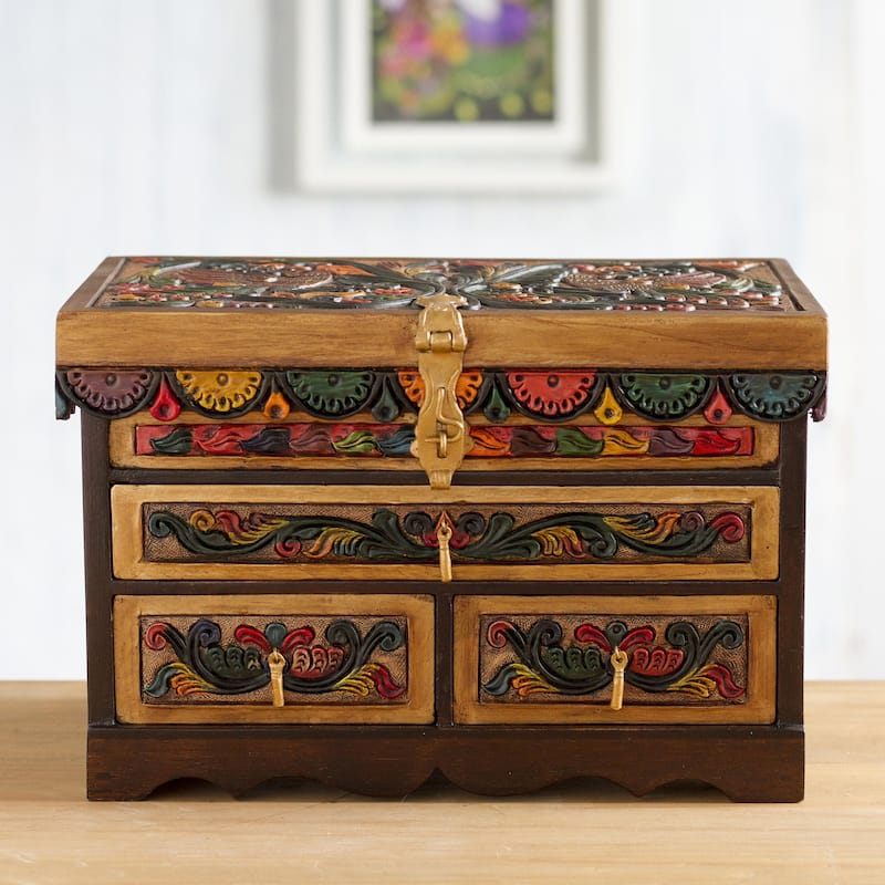 Novica Handmade Treasure Garden In Amber Leather And Wood Jewelry Box