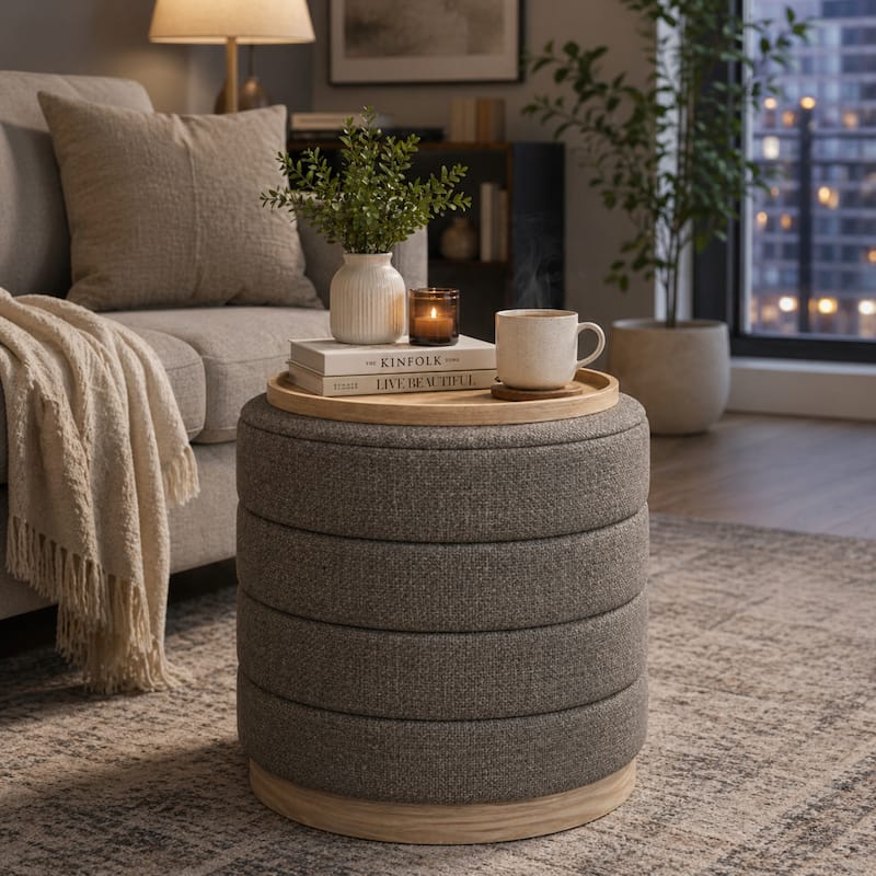 Aria Home Modern Cylinder Ottoman with Hidden Storage Upholstery Seat