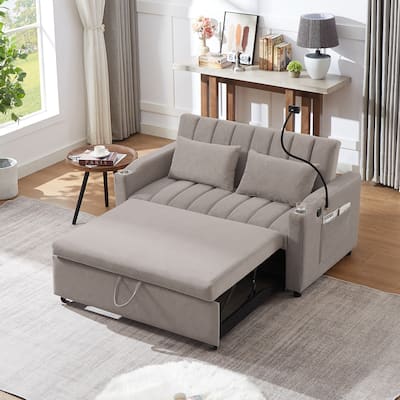 55.9" Convertible Sofa Bed Loveseat with USB Ports, Side Pockets, Cup Holders & Phone Holder, Light Grey, Polyester