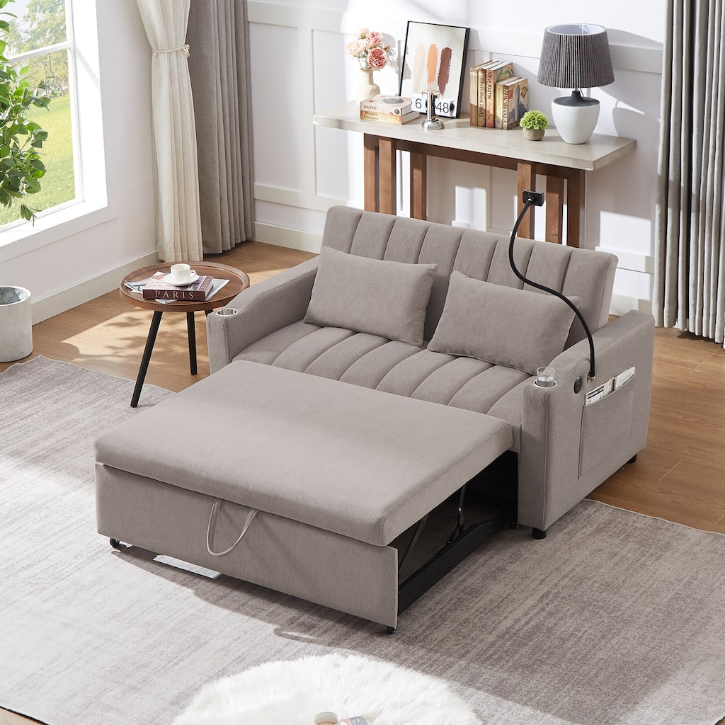 55.9" Convertible Sofa Bed Loveseat with USB Ports, Side Pockets, Cup Holders & Phone Holder, Light Grey, Polyester