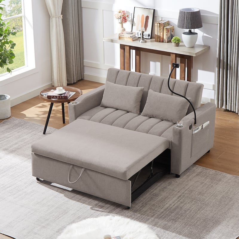 Convertible Sofa Bed with USB Ports, Side Pockets and Swivel Holder - Grey
