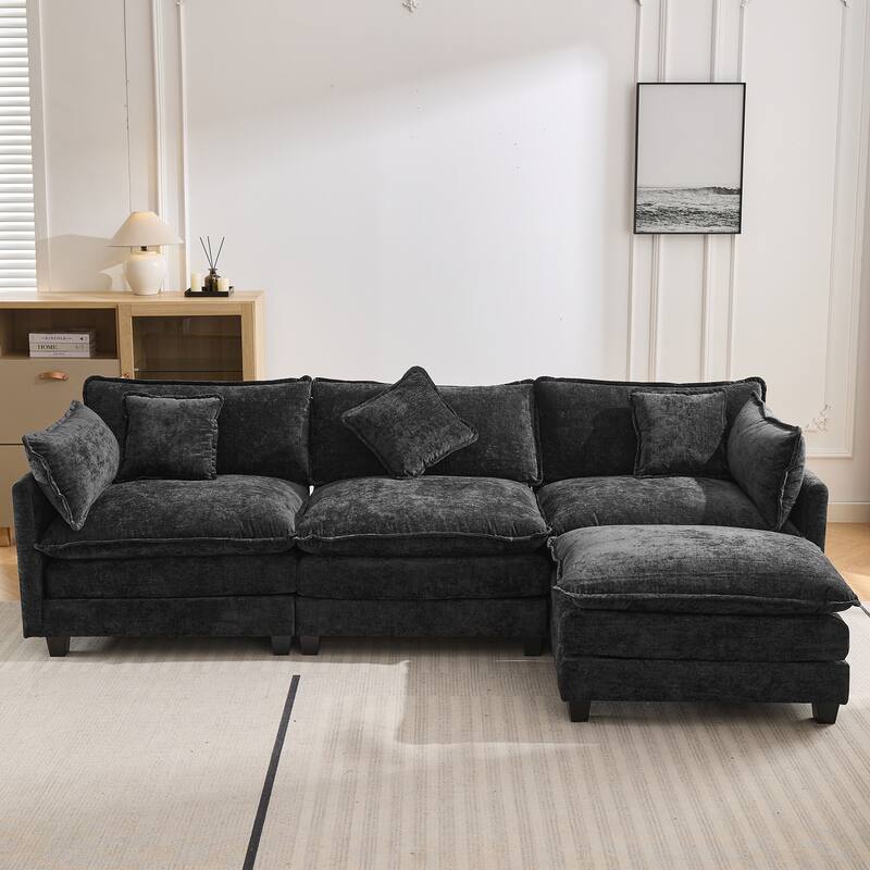 112.2" Modern L-Shaped 4-Seat Sectional Sofa with Removable Ottoman, 5 Plush Pillows, and Sturdy Construction