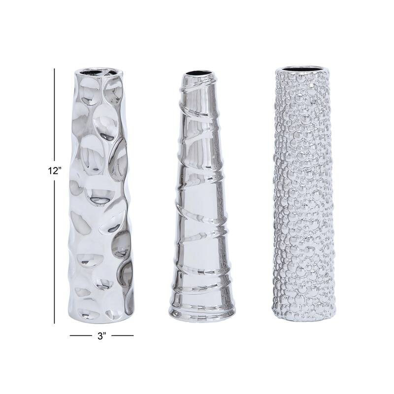 CosmoLiving by Cosmopolitan Sleek Ceramic Glam Vase with Varying Patterns (Set of 3) - Silver, Gold, Dark Blue, White