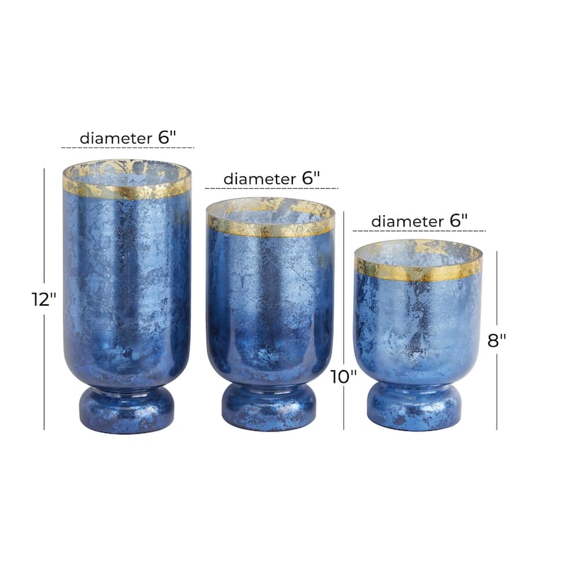Glass Pillar Hurricane Lamp with Ombre Effect and Gold Interior - Set of 3 Silver, White, Blue - Roche River Decor