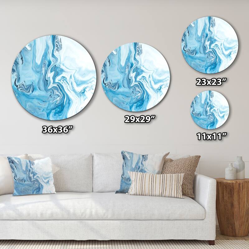 Designart 'White And Blue Marble Waves' Modern Metal Circle Wall Art