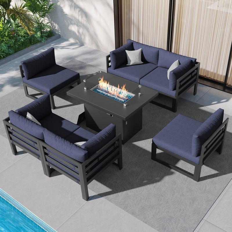FINCATI 7 Pcs Patio Furniture Set Outdoor Sectional Sofa Set with Firepit Table - 7 Pieces - Denim Blue