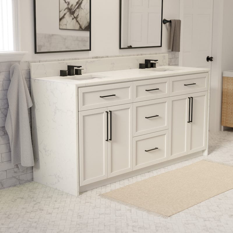 KitchenBathCollection Palisade 72" Double Waterfall Vanity with Engineered Marble Top - White