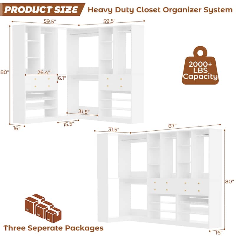 Set of 2/ 3 Coner Closet System with Shoe Racks and Drawers, Freestanding Closet Organizer with Hanging Rods and Shelves