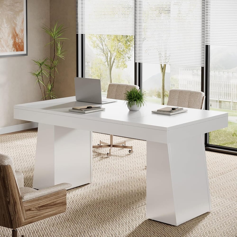 Conference Table, Modern Meeting Table with Thick Tabletop and Trapezoidal Legs