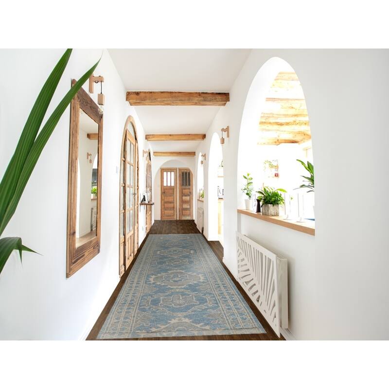 Hand Knotted Oriental 100% Wool Carpet Transitional Geometric Navy Blue & Blues Oushak Runner Rug - 15' 11'' X 3' 4''