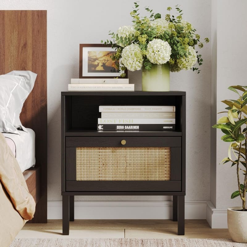 Natural Rattan Nightstand Set of 2, End Table,Boho Bedside Table with 1 Hand Made Door for Living Room, Bedroom