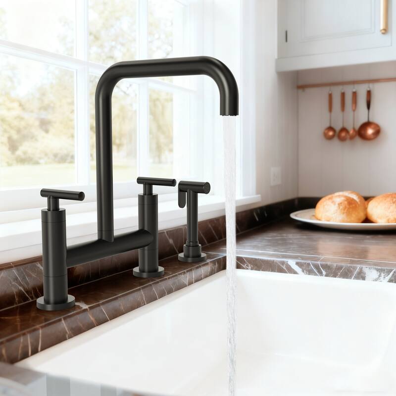 2-Handle Deck Mount Kitchen Faucet 2-Hole Bridge Kitchen Faucet with Side Sprayer
