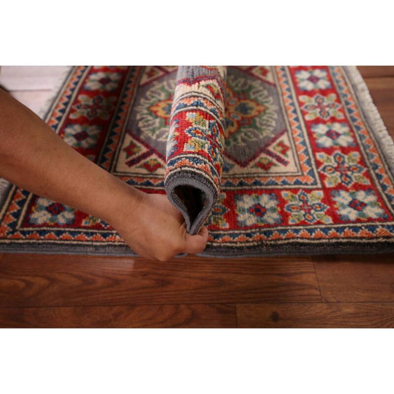 Geometric Kazak Accent Rug Handmade Grey Wool Carpet - 2'1" x 2'11"