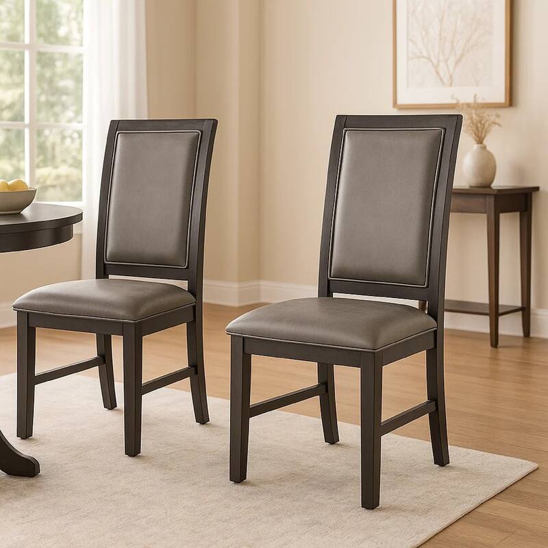 Side Dining Chair Set of 2, Gray Faux Leather, Espresso Brown Wood