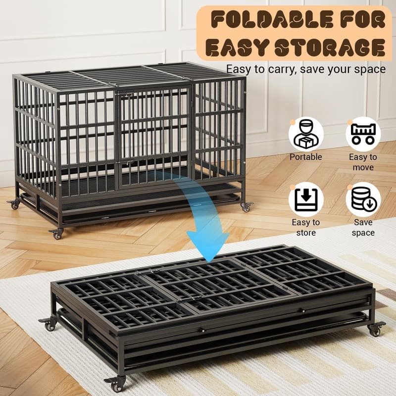 Heavy Duty Dog Crate withDouble Door Wheels ChewProof Metal Kennel for Small Dogs Easy to Assemble