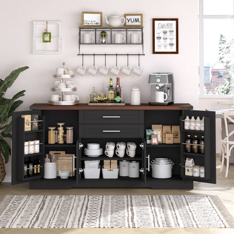 63" Sideboard Buffet Cabinet with Barn Door, Farmhouse Large Buffet Table with 2 Drawers Modern Coffee Bar w/ Adjustable Shelves
