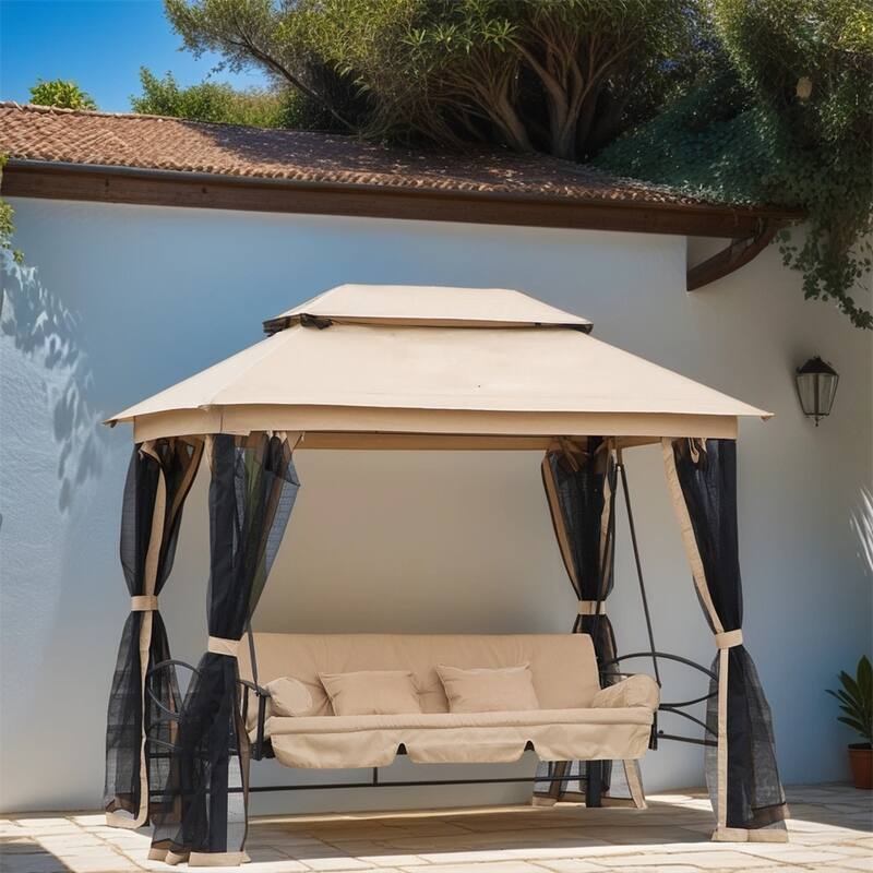 Outdoor Gazebo Swing with Double Tier Canopy and Mesh Sidewalls Bed