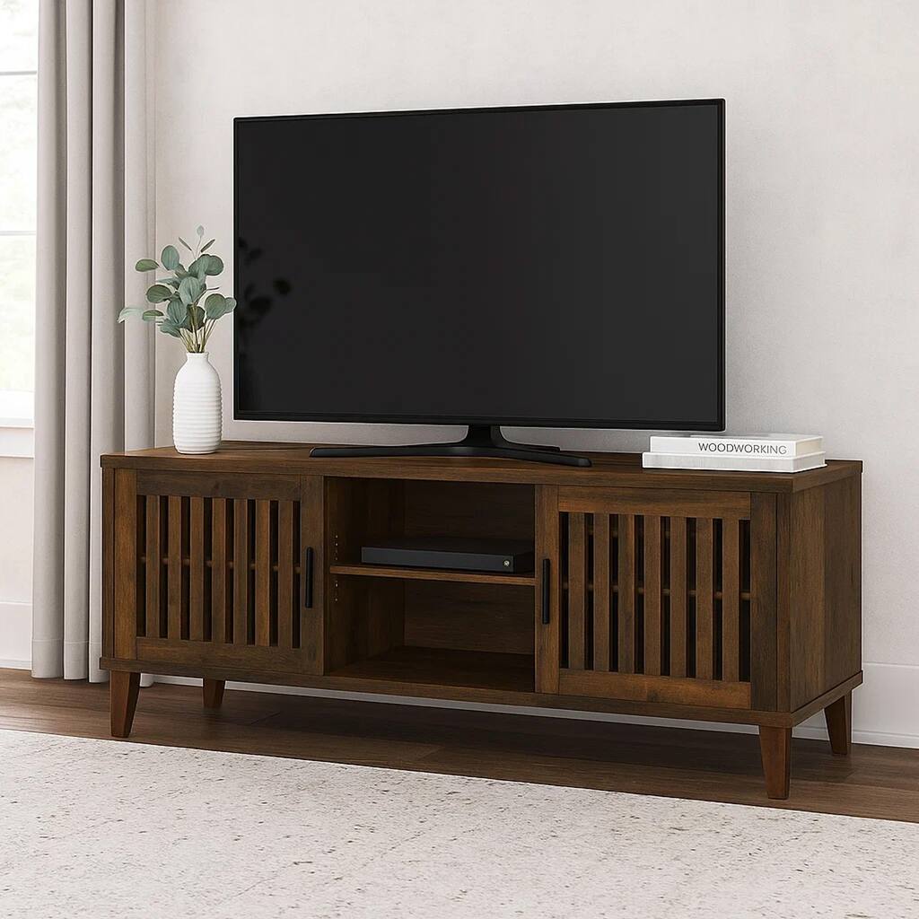 Sid TV Stand Media Cabinet, 2 Slatted Doors, Shelf, Brown Wood 60 Inch