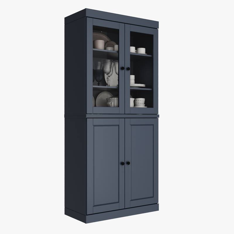 Palace Imports Solid Wood Pantry Cabinet, Raised Panel & Clear Glass Doors, 2 Drawers, Adjustable Shelves